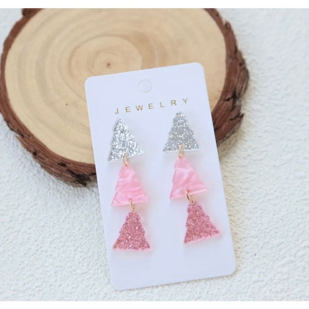 NWT 3 Tier Pink & Silver Glitter Bling Christmas Tree Dangle Earrings